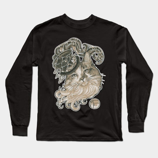 Kitty in a Tentacle Top Hat - White Outlined Version Long Sleeve T-Shirt by Nat Ewert Art